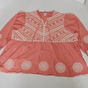 Cato Coral Boho Embroidered Blouse • 22/24W Peasant Tunic Top